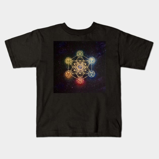 Sacred Geometry - Metatron's Cube with Chakras Kids T-Shirt by monchie